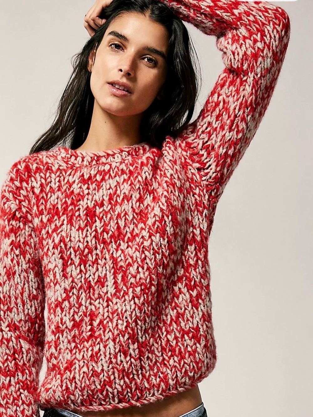 Free People Red and Cream Marled Crewneck Sweater